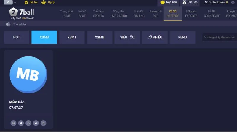 Sảnh chơi xổ số miền Bắc tại nhà cái 77ball